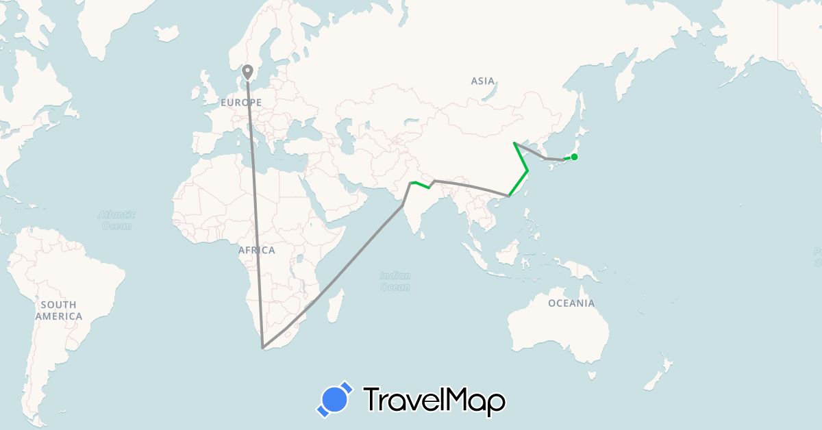 TravelMap itinerary: driving, bus, plane in China, Denmark, India, Japan, South Korea, Nepal, South Africa (Africa, Asia, Europe)